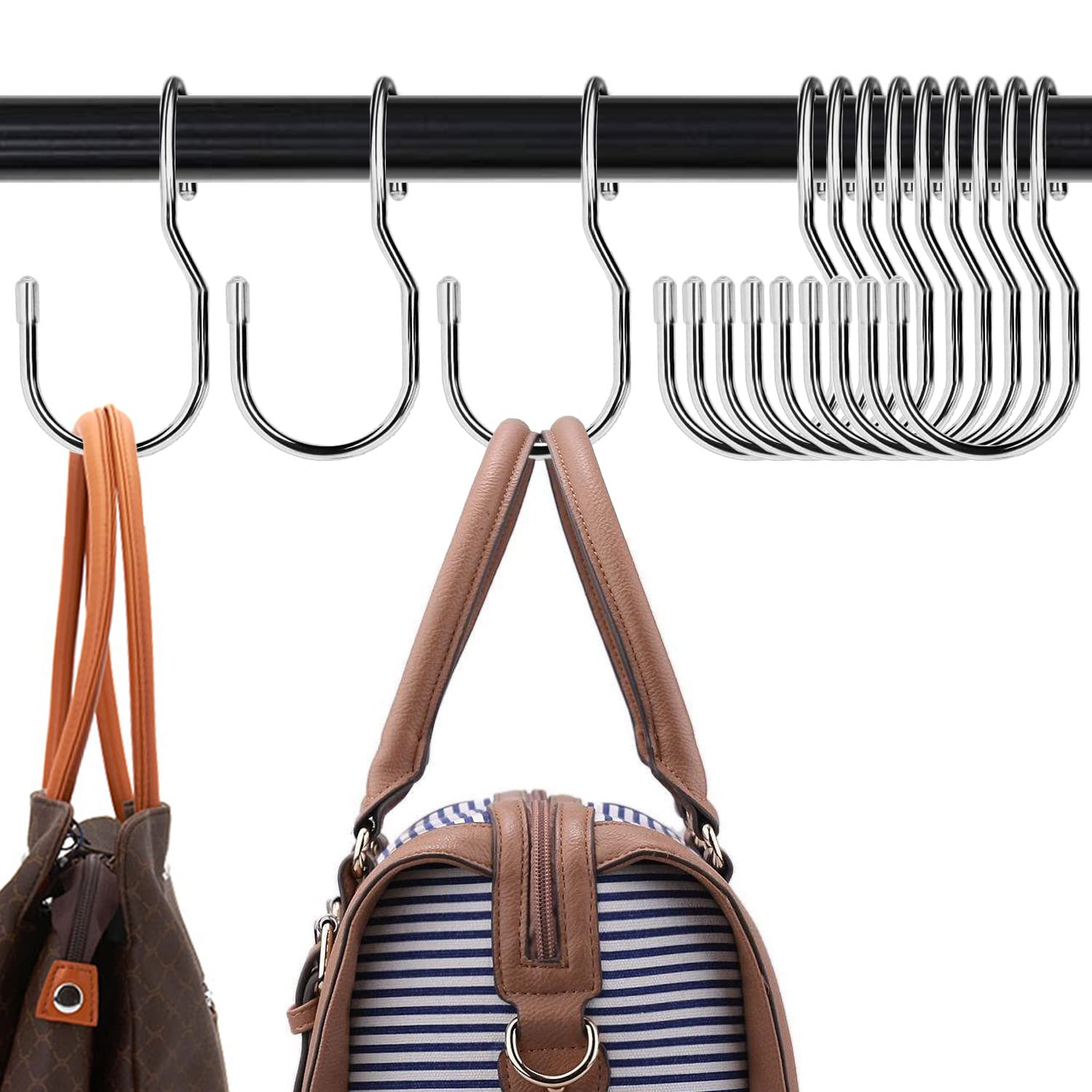 DHYLRICHER purse hanger with twist design on a closet rod, space-saving solution.