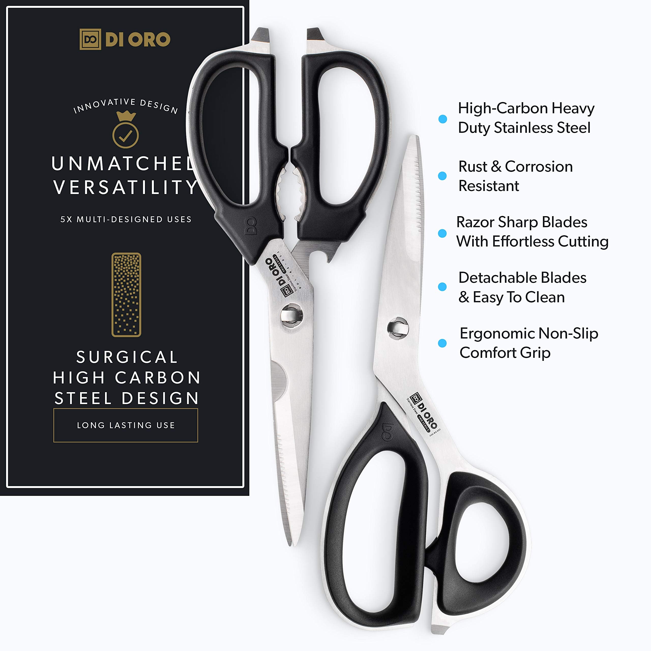 DI ORO Heavy Duty Kitchen Shears beveled edges enable effortless slicing through herbs.