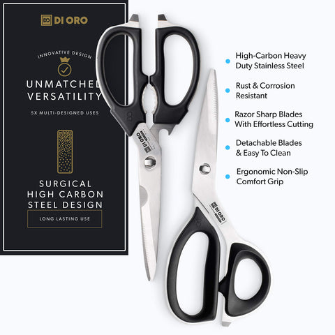 DI ORO Heavy Duty Kitchen Shears beveled edges enable effortless slicing through herbs.