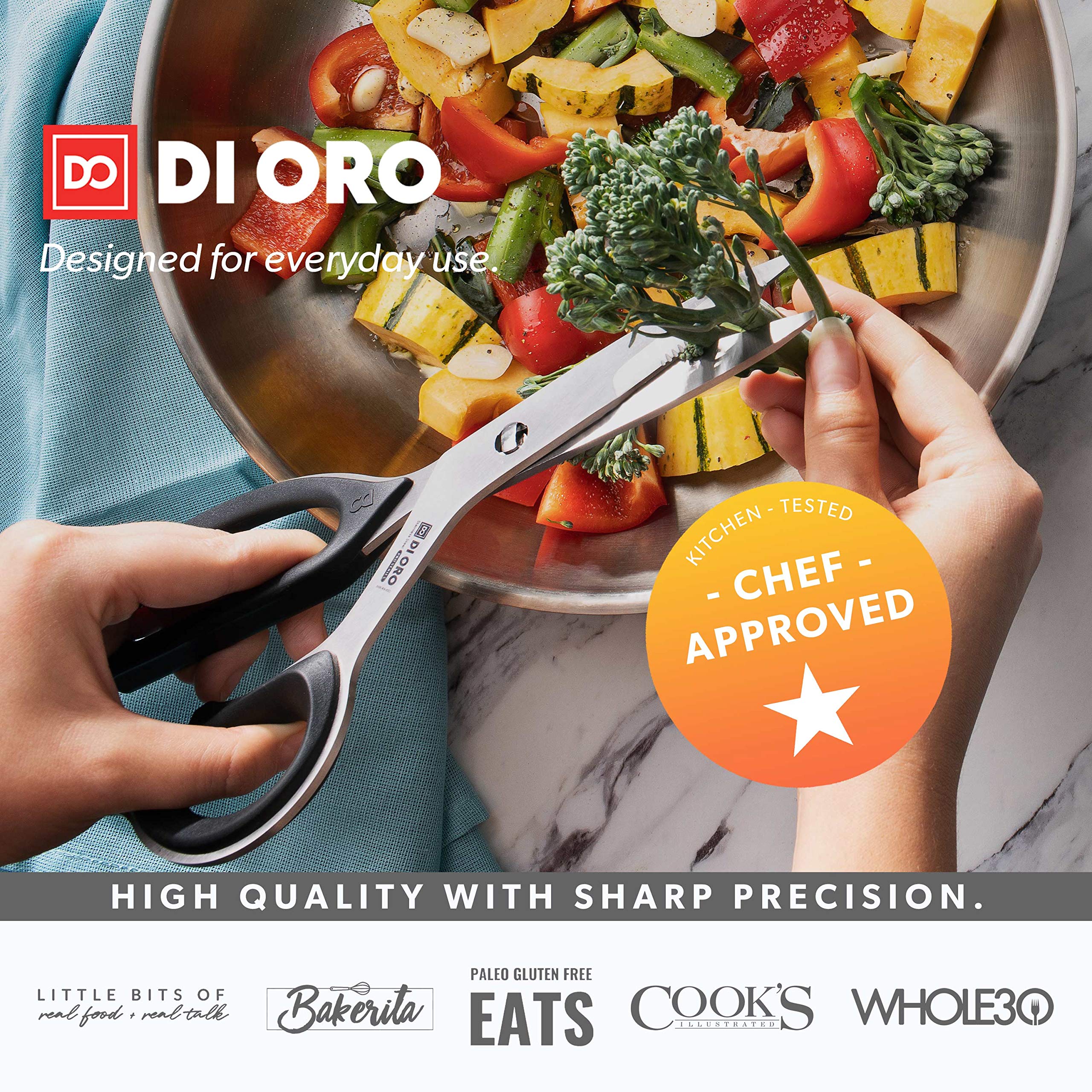 DI ORO Heavy Duty Kitchen Shears bone notch helps tackle stubborn meats.