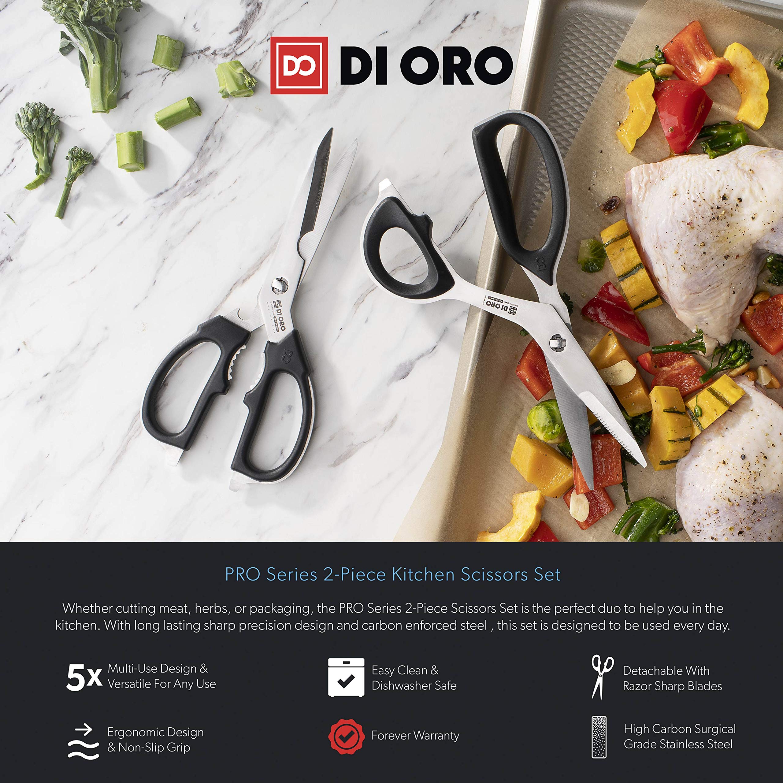DI ORO Heavy Duty Kitchen Shears dishwasher-safe for convenient cleaning.