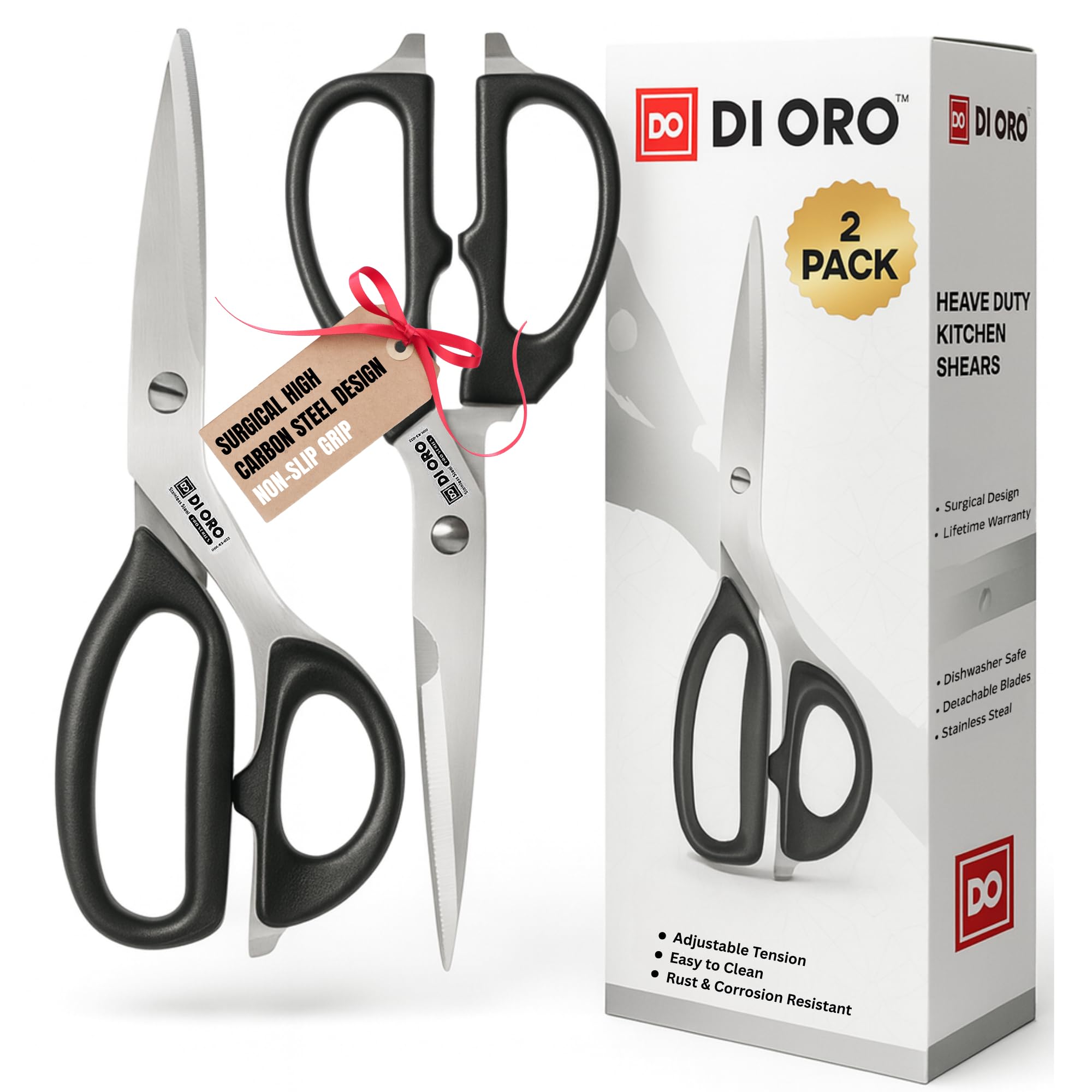DI ORO Heavy Duty Kitchen Shears main blade close-up showing razor edge for precise cuts.