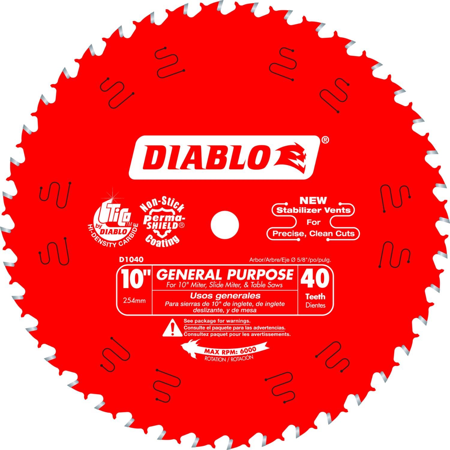 Diablo 10-Inch 40-Tooth ATB general purpose saw blade for smooth crosscuts and rip cuts.