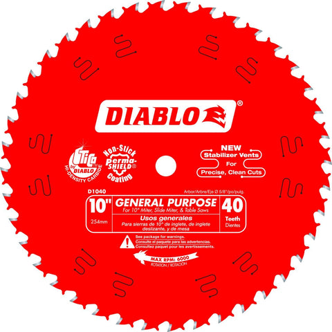 Diablo 10-Inch 40-Tooth ATB general purpose saw blade for smooth crosscuts and rip cuts.