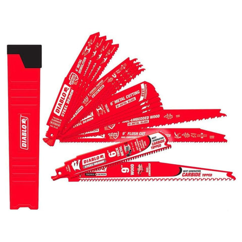 Diablo 14-piece bi-metal reciprocating saw blade set for fast nail-embedded wood and metal cuts