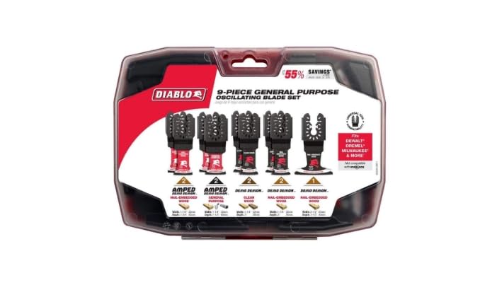 Diablo 9-piece universal-fit oscillating blade set for fast, precise cuts across wood, metal, plastics, drywall.