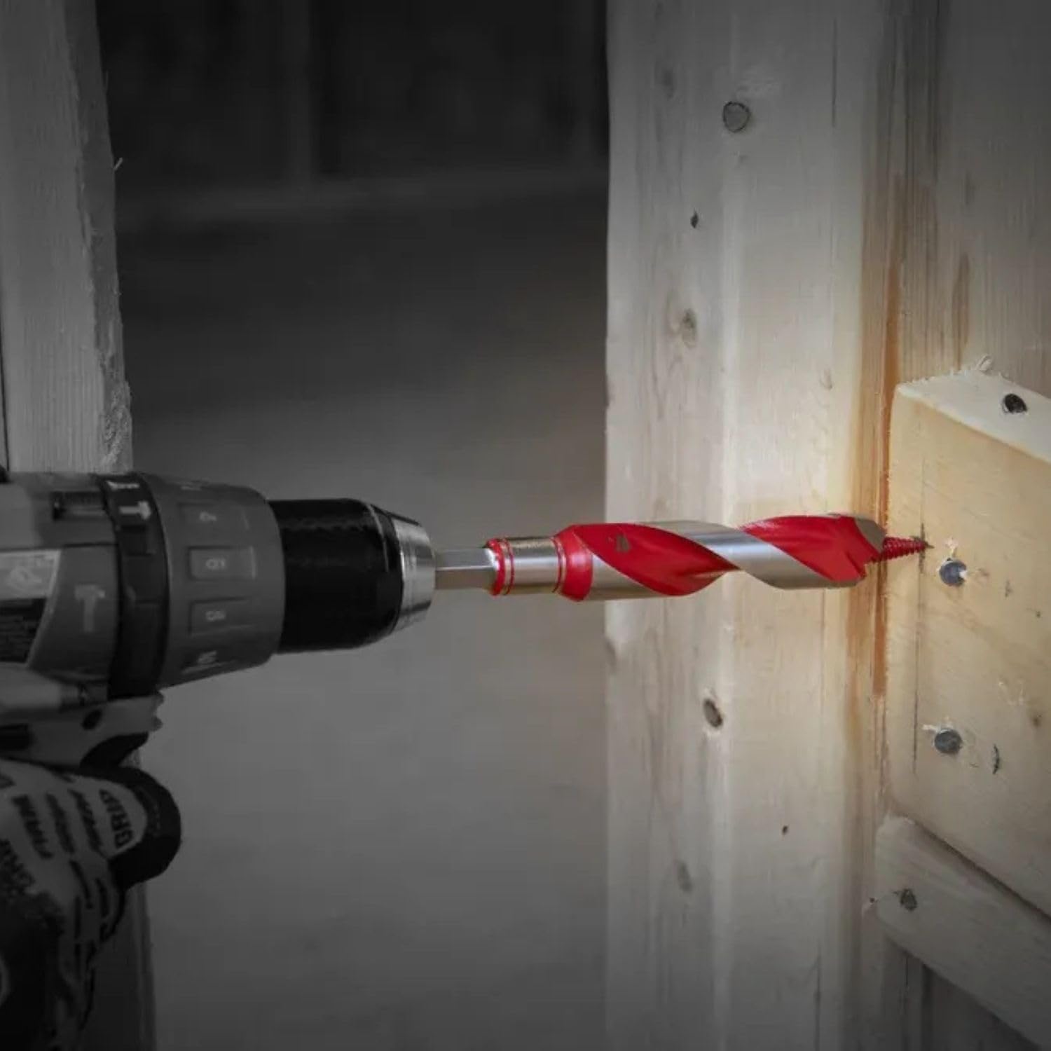 Diablo auger bit drilling nail embedded wood using a quick-change hex shank