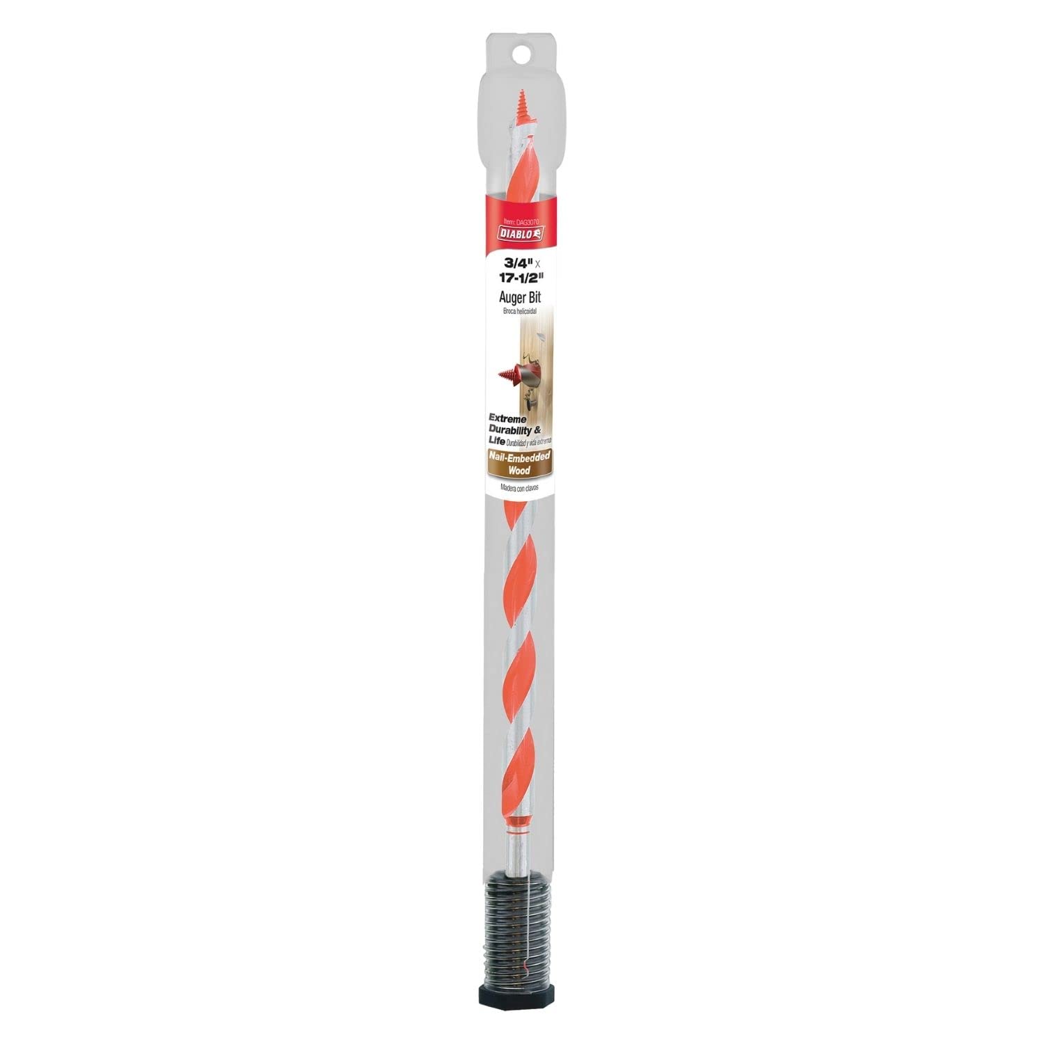 Diablo auger bit with 7/16-inch hex shank enables stable, fast bit swaps.
