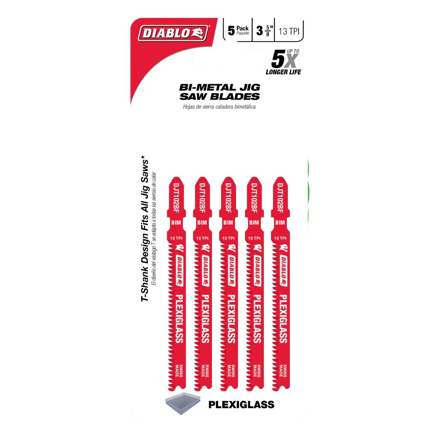 Diablo bi-metal jig saw blades with Perma-SHIELD coating reduce friction for smoother plexiglass cuts.
