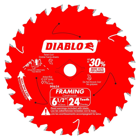 Diablo D0624A framing saw blade on a jobsite highlighting precision cutting and stability.