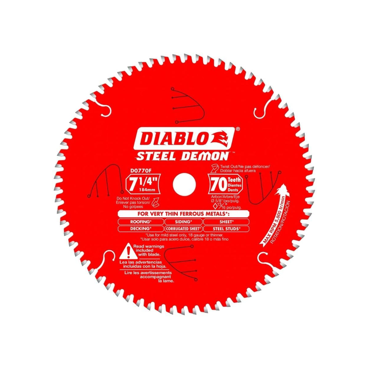 Diablo D0770F ferrous metals saw blade for mild steel cuts with TiCo carbide.