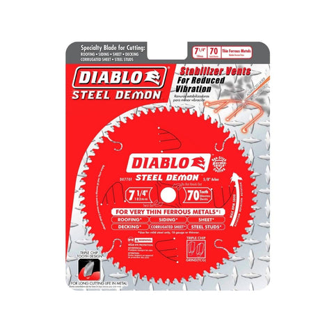 Diablo D0770F blade with laser-cut kerf and stabilizers for smoother cuts.