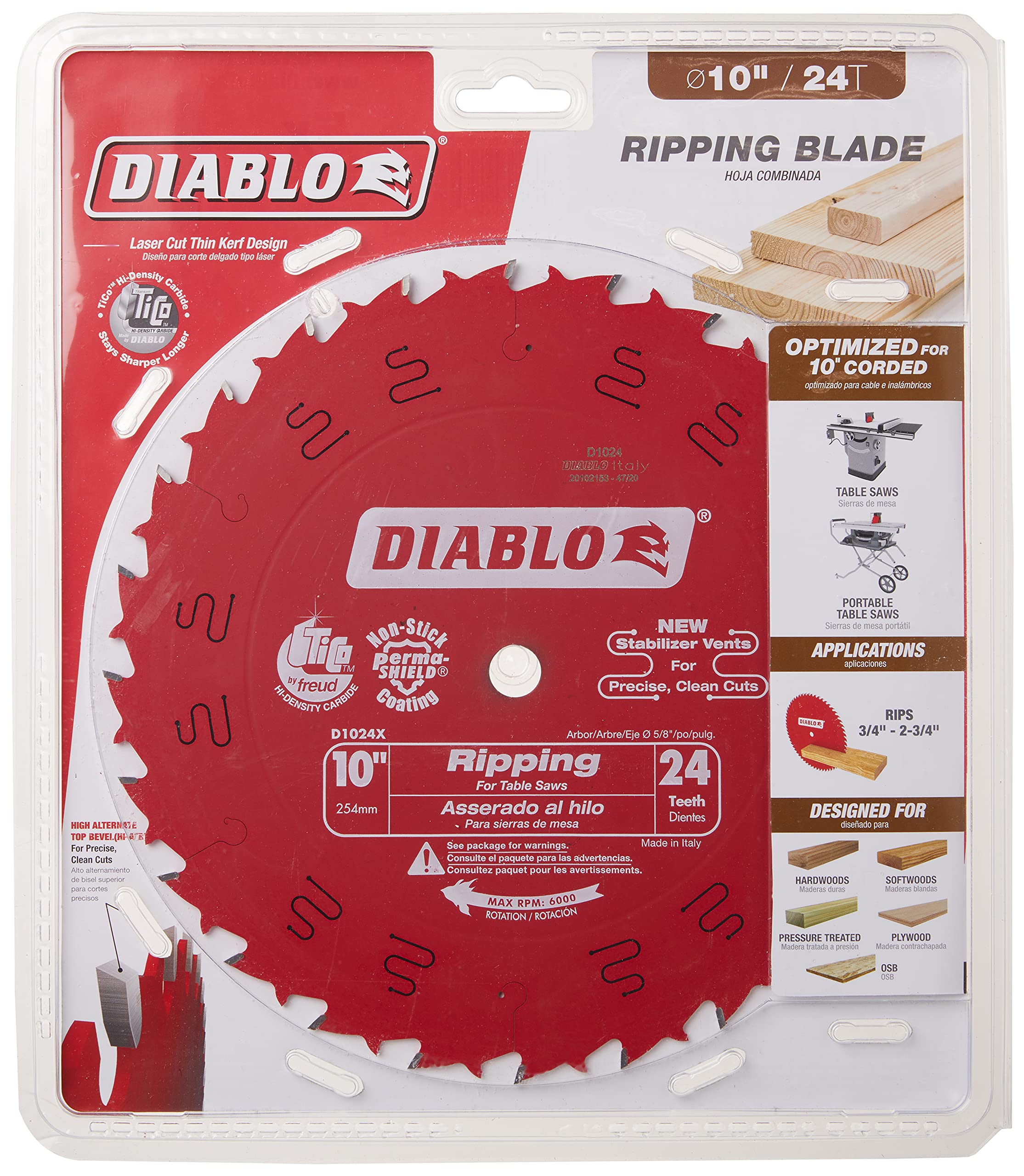 Diablo D1024X ripping saw blade with 10-inch diameter and 24 ATB teeth for smooth rips
