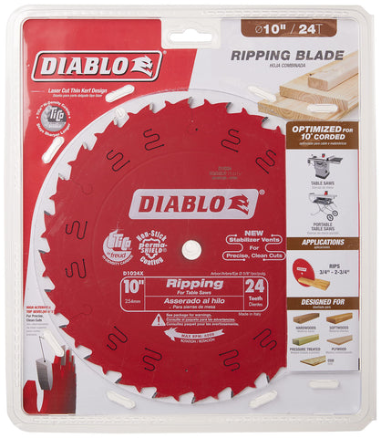 Diablo D1024X ripping saw blade with 10-inch diameter and 24 ATB teeth for smooth rips