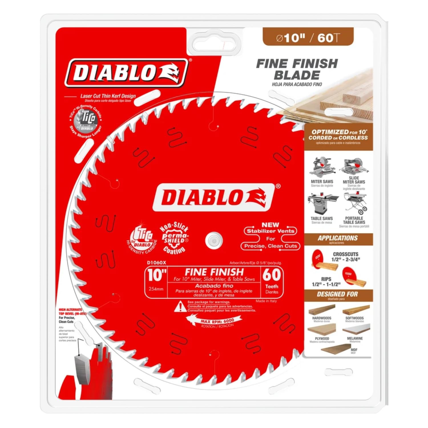 Diablo D1060X blade with 60 Hi-ATB teeth for clean cuts on veneer plywood.