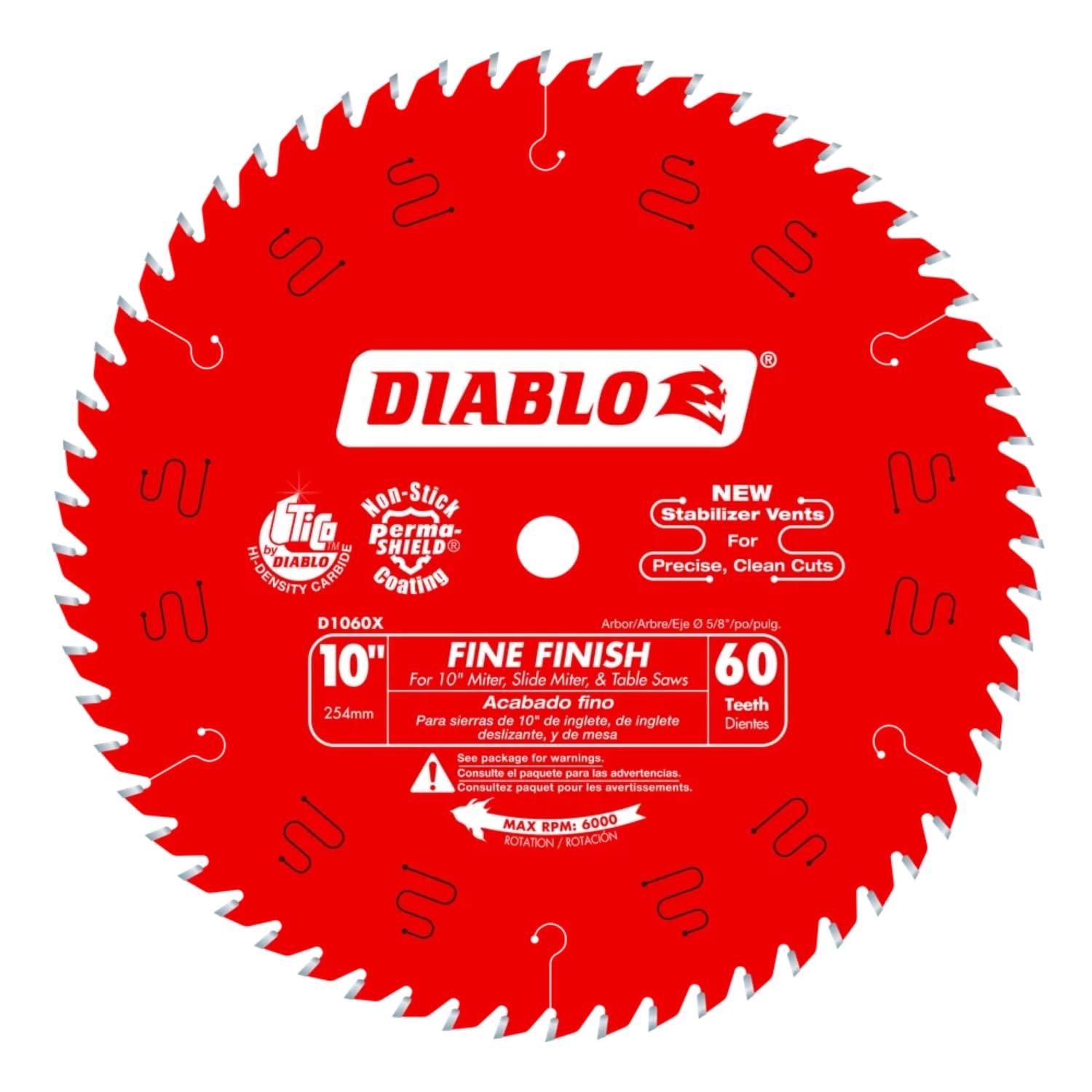 Diablo D1060X fine-finish blade gliding through wood for a smooth cut.