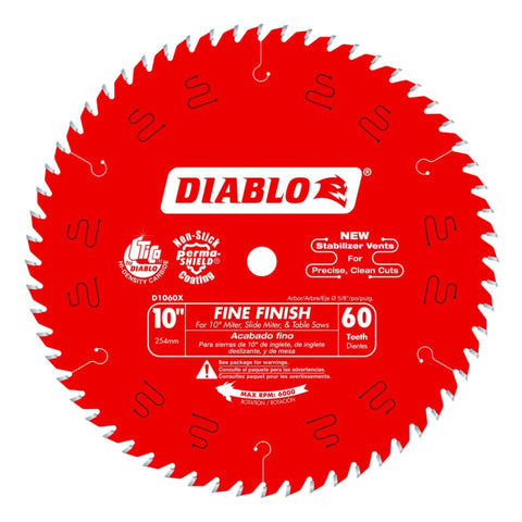 Diablo D1060X fine-finish blade gliding through wood for a smooth cut.