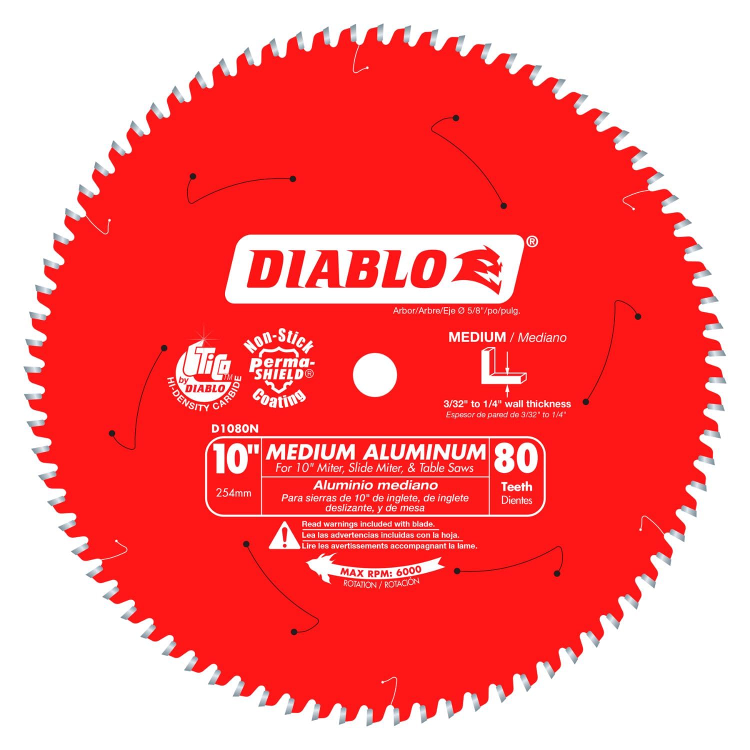 Diablo D1080N 10-inch 80T carbide-tooth blade for burr-free nonferrous metal cuts.