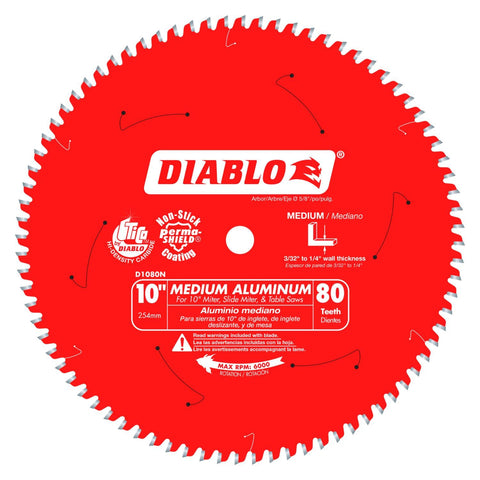 Diablo D1080N 10-inch 80T carbide-tooth blade for burr-free nonferrous metal cuts.