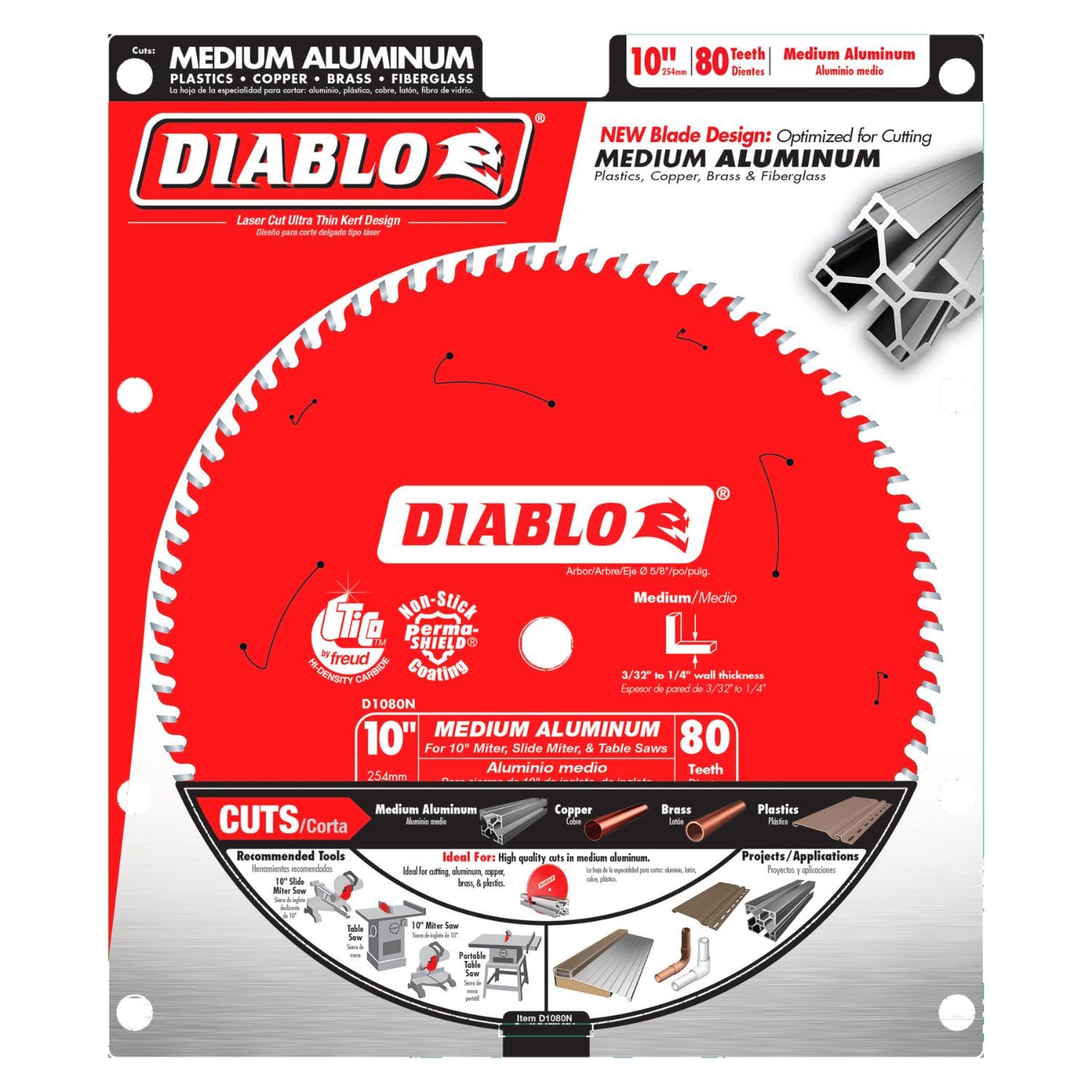 Diablo D1080N blade closeup shows Perma-Shield coating for reduced heat and gumming.