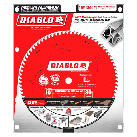 Diablo D1080N blade closeup shows Perma-Shield coating for reduced heat and gumming.