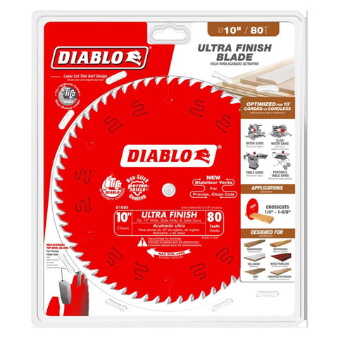 Diablo Ultra Finish blade laser-cut kerf for fast, precise cuts.