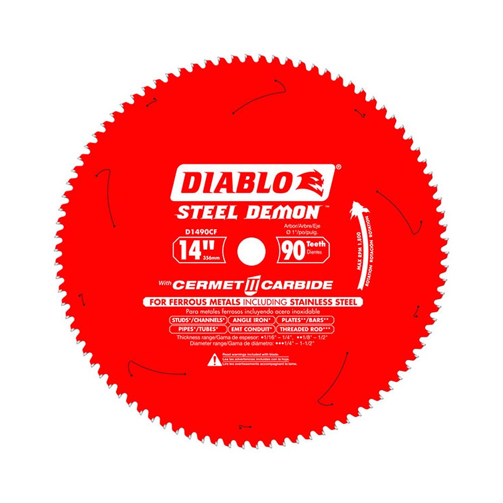 Diablo D1490CF blade close-up highlighting durable Cermet II teeth for longer life