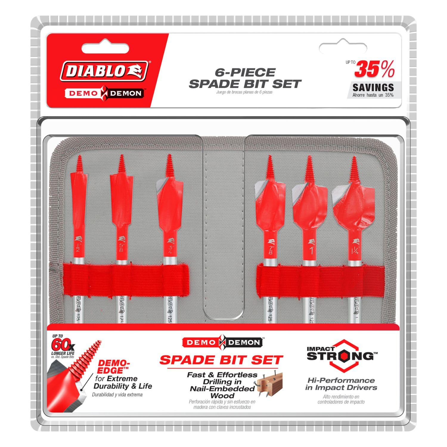 Diablo DSPD4920-S6 spade bit drilling nail-embedded wood with efficient chip removal and fast progress.