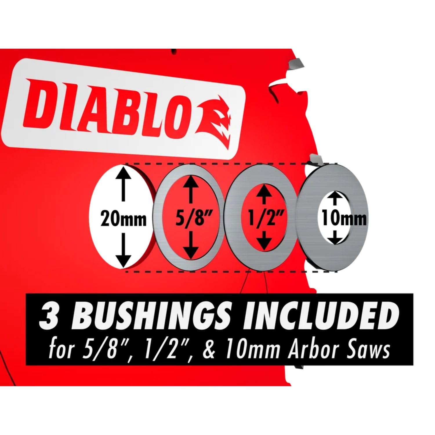 Diablo Fast Framing Saw Blade arbor compatibility closeup shows multiple arbor fit options.