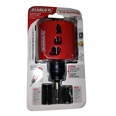 Diablo Freud 3-inch bi-metal hole saw with Snap-Lock mandrel for fast, precise holes.
