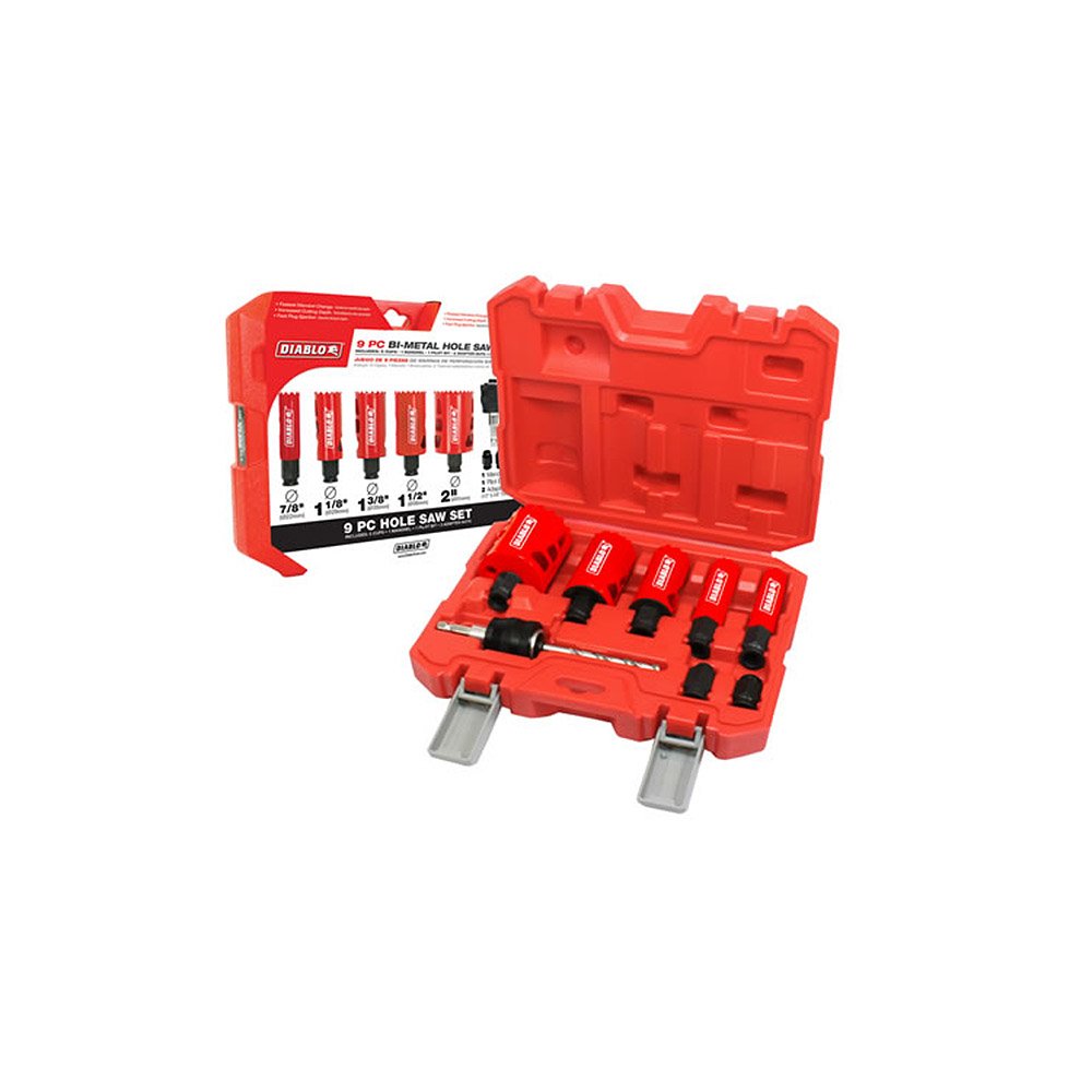 Diablo Freud DHS09SGP kit-front-view showing the nine-piece hole saw set for fast drilling versatility.