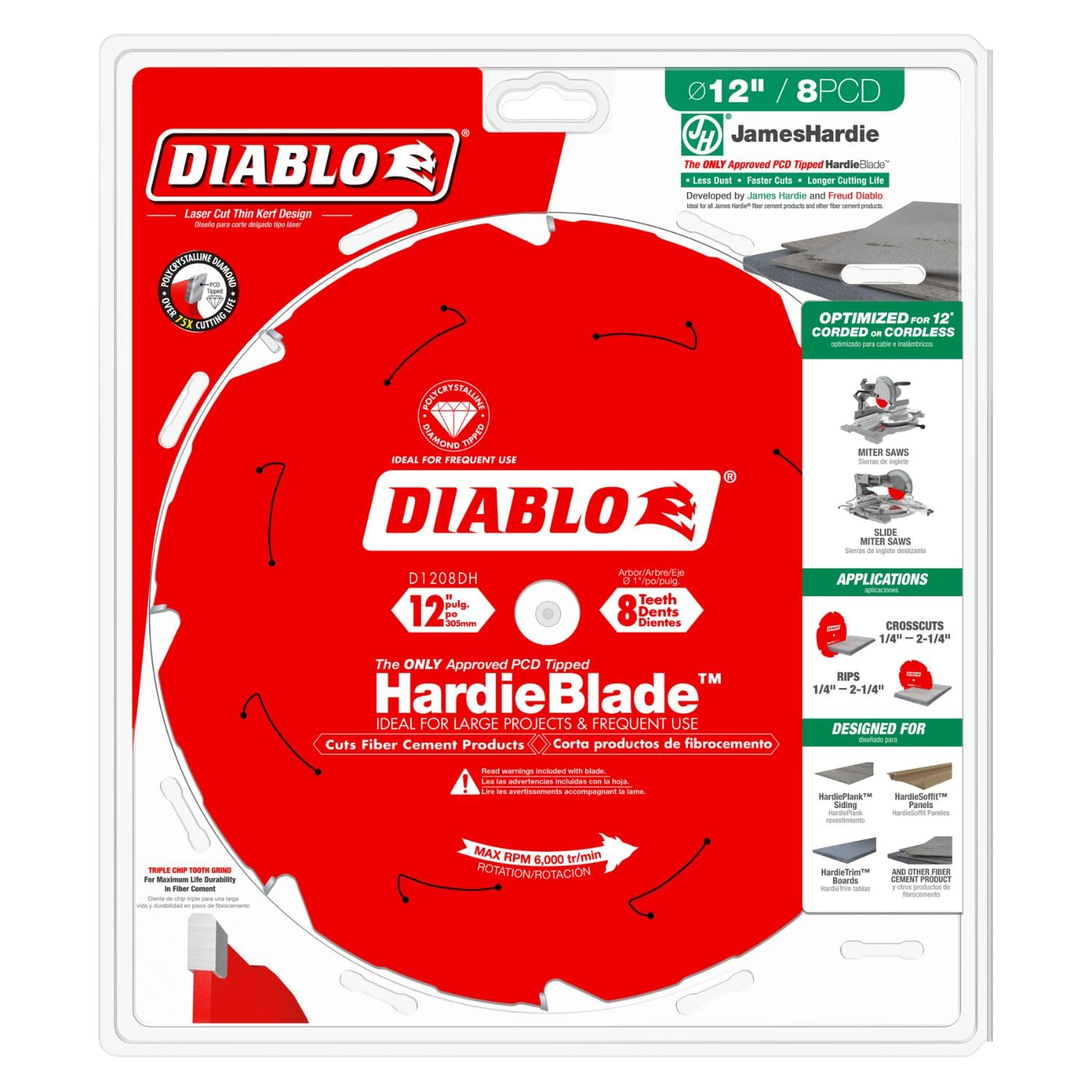 Diablo HardieBlade D1208DH teeth close-up showing durable PCD triple-chip grind