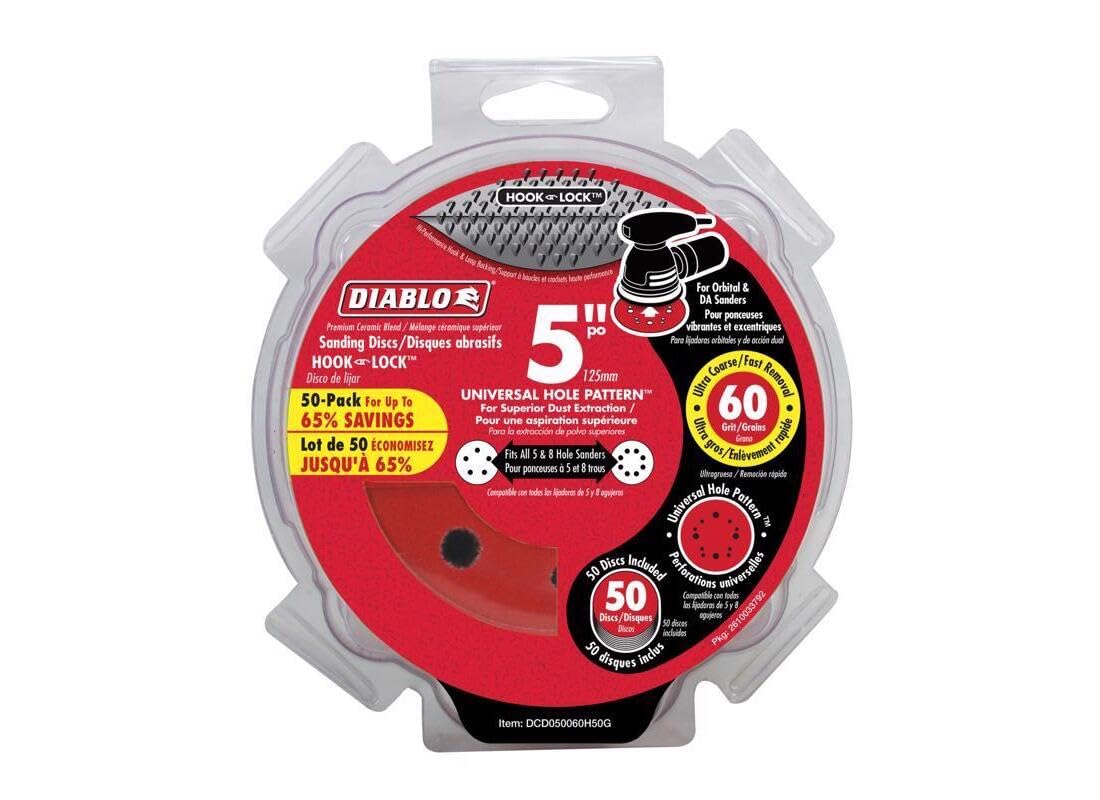 Diablo hook-and-lock ROS disc closeup showing ceramic blend for durable wood sanding.