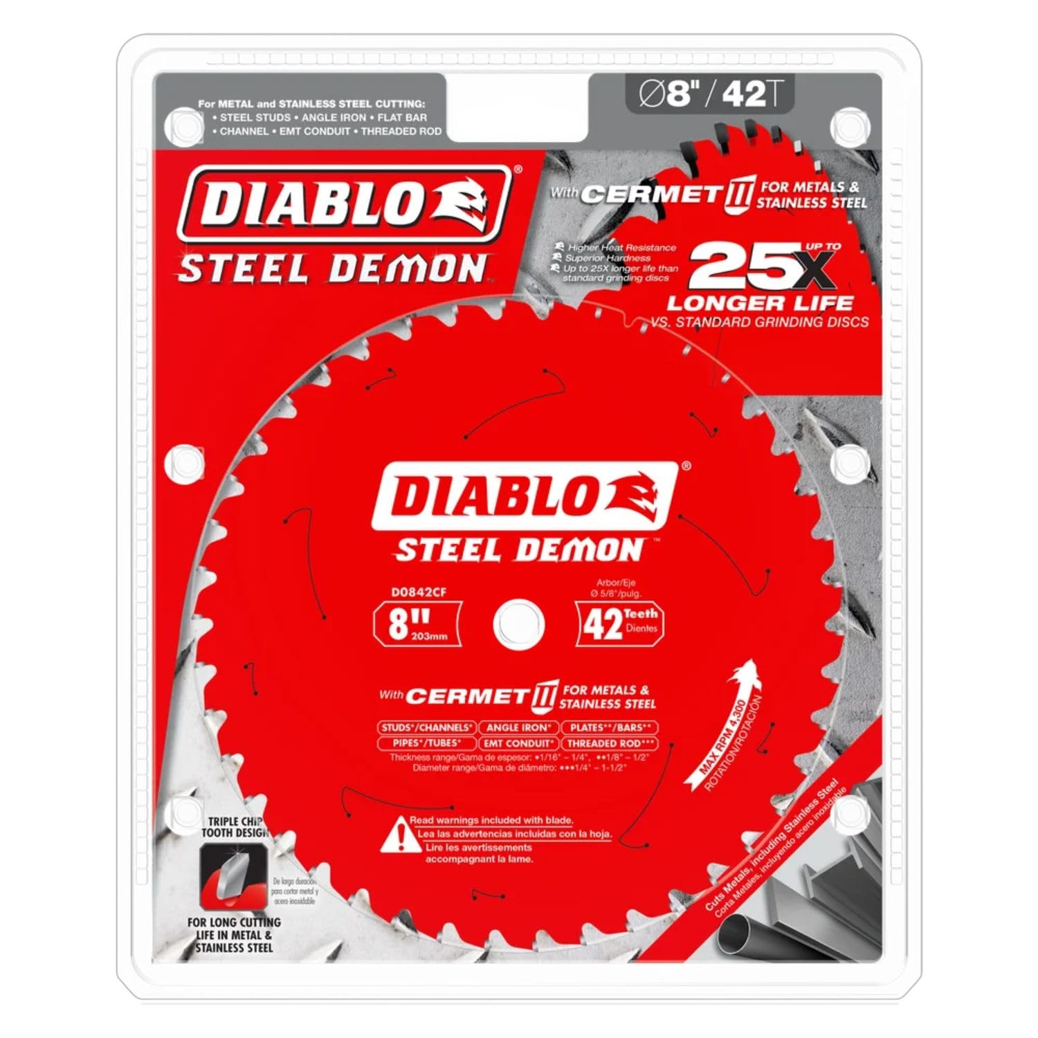 Diablo Steel Demon Cermet II 42TCG teeth deliver faster, cleaner metal cuts.