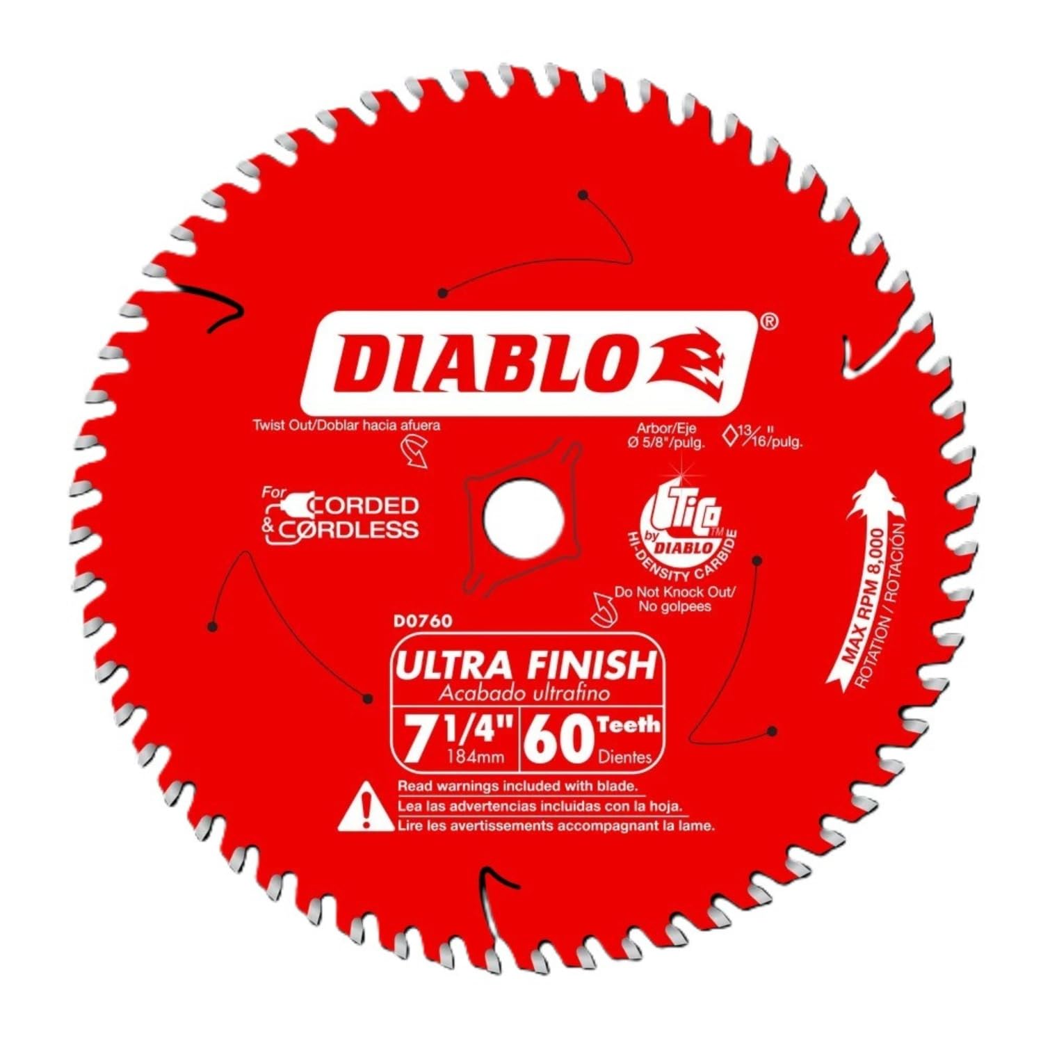 Diablo Ultra Finish carbide blade top view showing 60T teeth for wood.