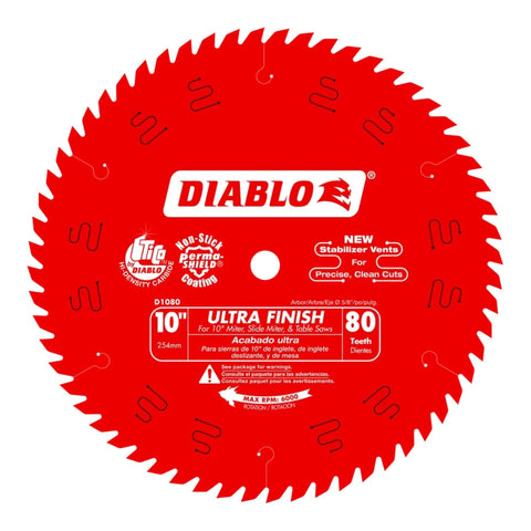 Diablo D1080X Ultra Finish blade for wood delivers ultra-smooth crosscuts for fine cabinetry.
