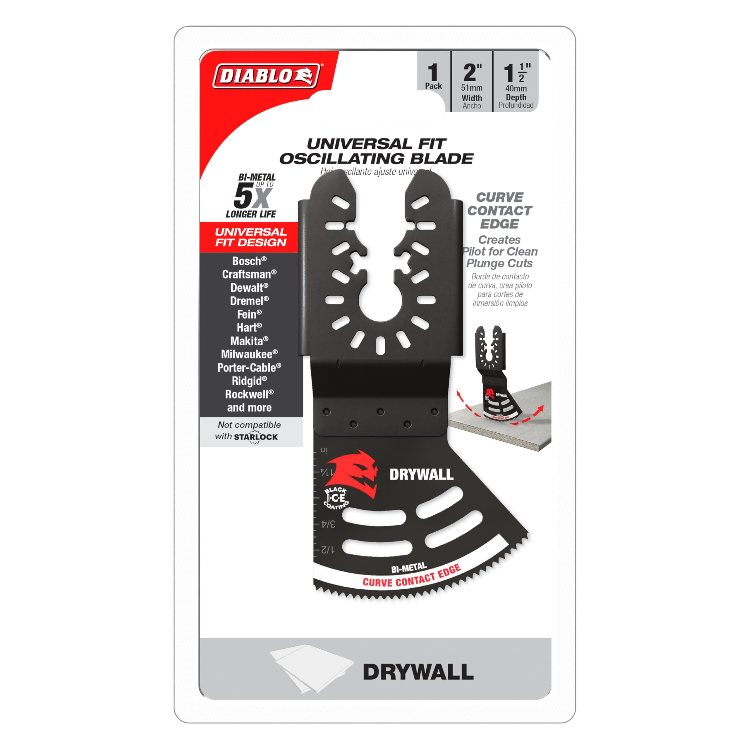 Diablo blade shown on drywall with one-and-a-half-inch cutting depth for precise installations