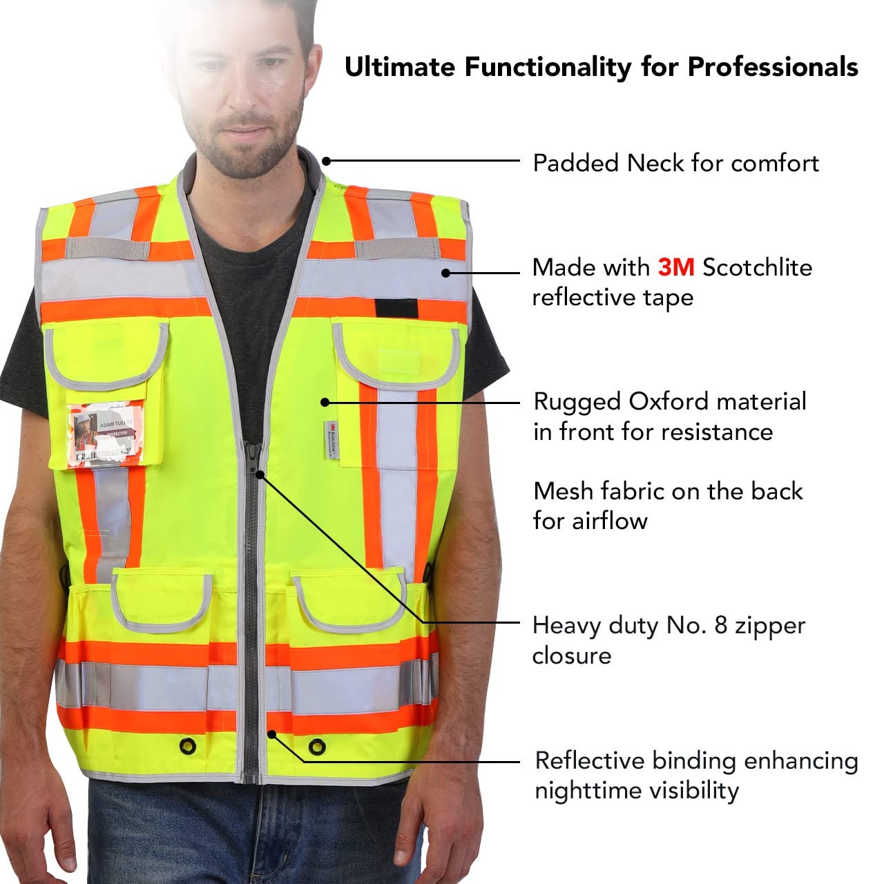 Dib Safety engineer vest pocket closeup highlights multiple tool pockets.