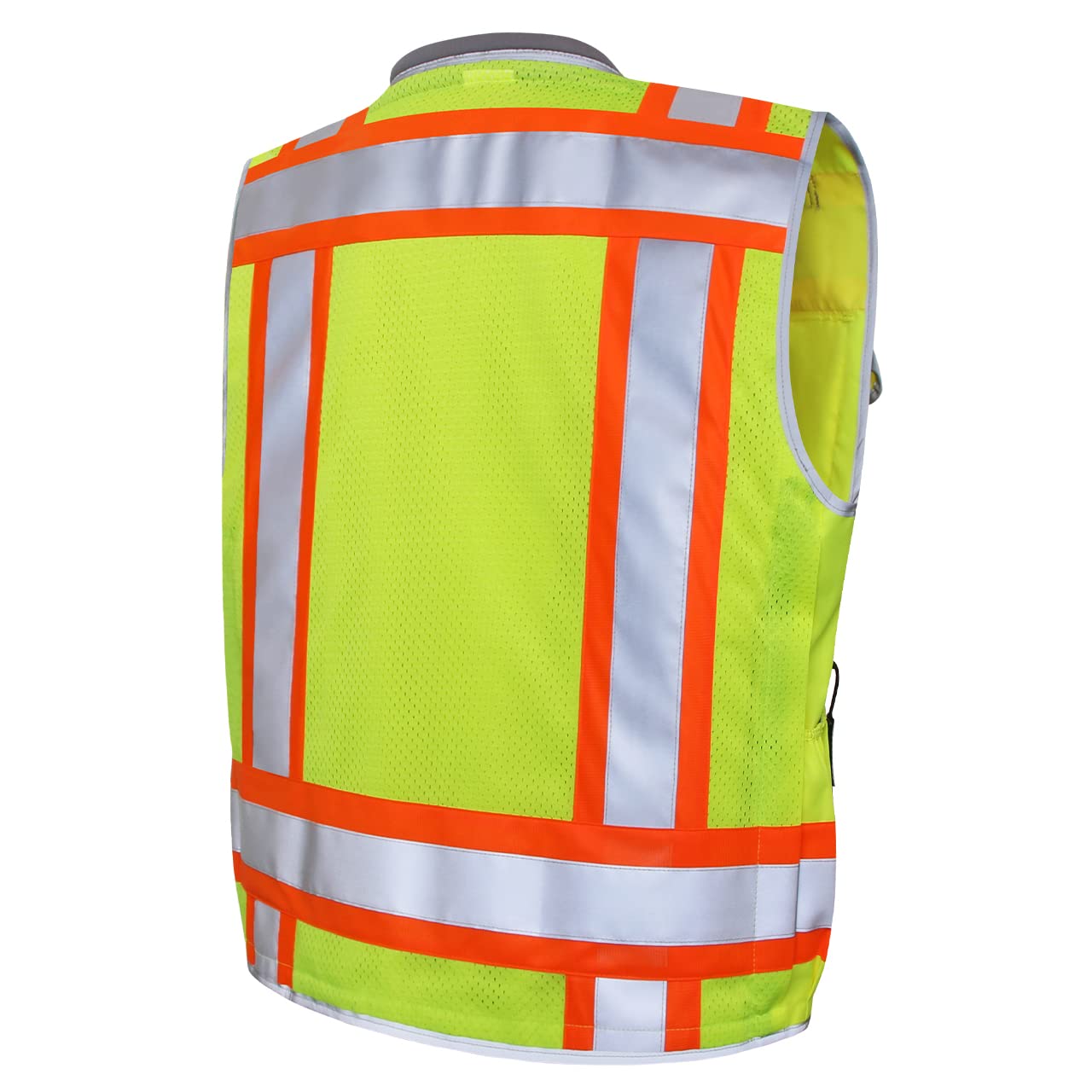 Dib Safety vest back view showing breathable mesh panel for heat comfort.