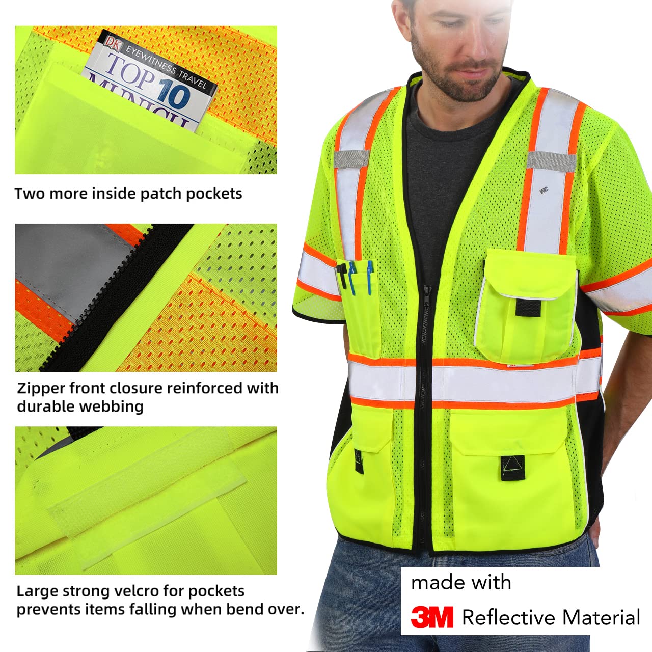 Dib Safety vest shows 3M reflective tape trim on shoulders and sides.