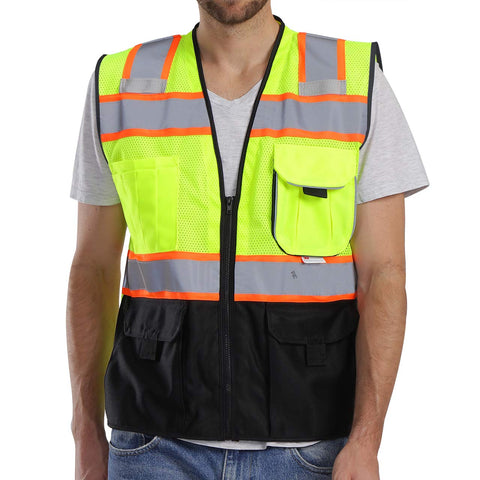 Dib Safety vest front view with bright yellow mesh for high visibility