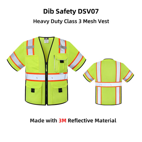Dib Safety vest reinforced zipper and rugged pocket closures in action.