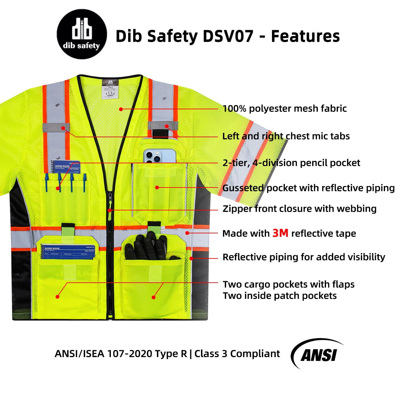 Dib Safety vest multi-pocket configuration for organized tools.