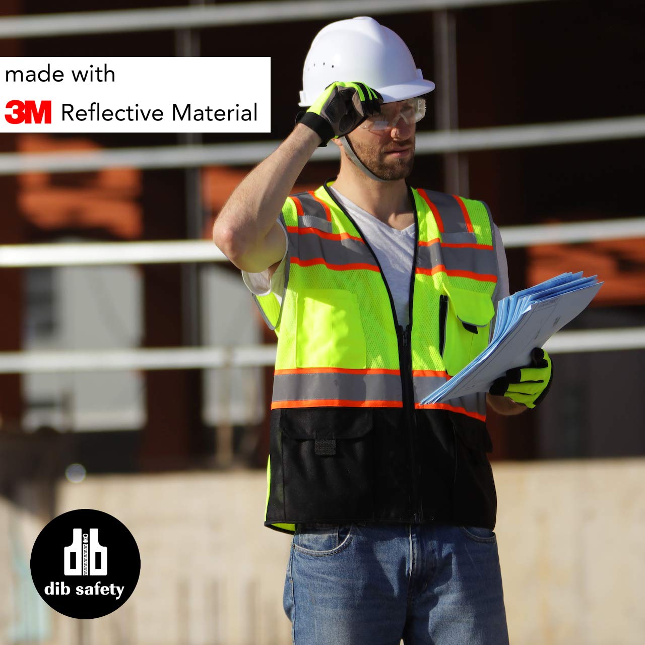 Dib Safety vest on model demonstrates ANSI Class 2 compliant fit