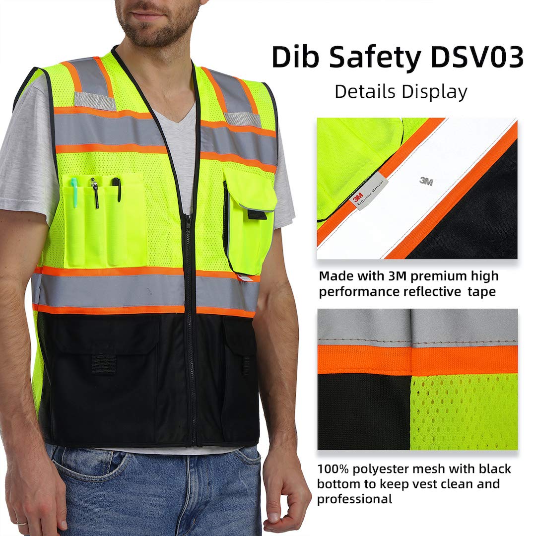 Dib Safety vest pocket details showing multiple cargo pockets for tools
