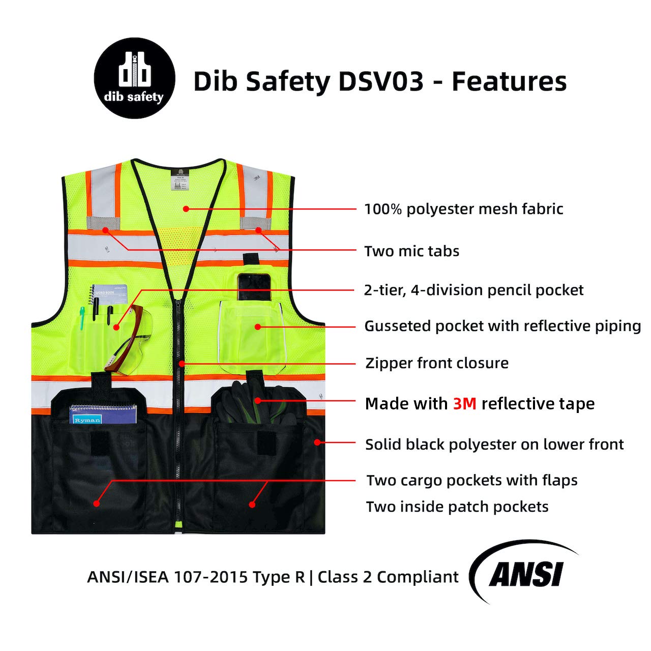Dib Safety vest reflective tape coverage boosts visibility on job sites
