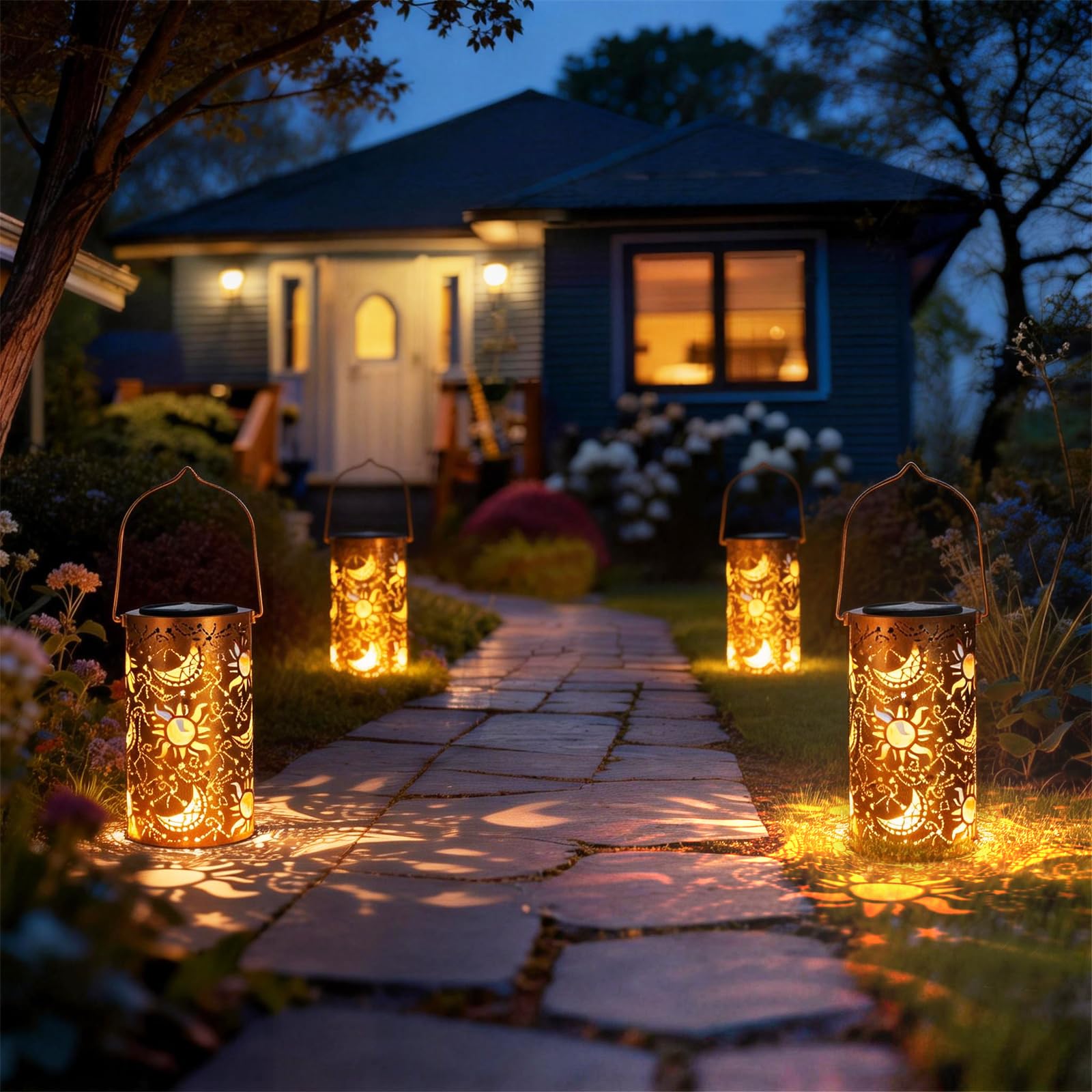DIBIEECN Garden scene with hanging lanterns creating inviting ambience.