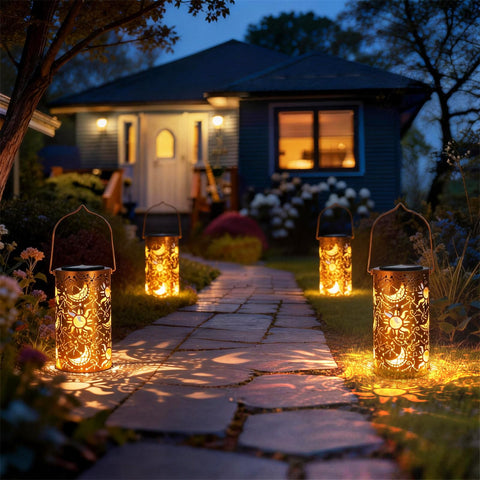 DIBIEECN Garden scene with hanging lanterns creating inviting ambience.