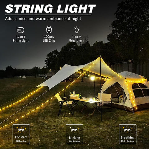 DIBMS 100-LED warm white camping light delivers cozy brightness for evenings.
