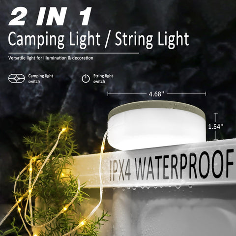 DIBMS camping light hanging on a tent provides ambient night lighting.